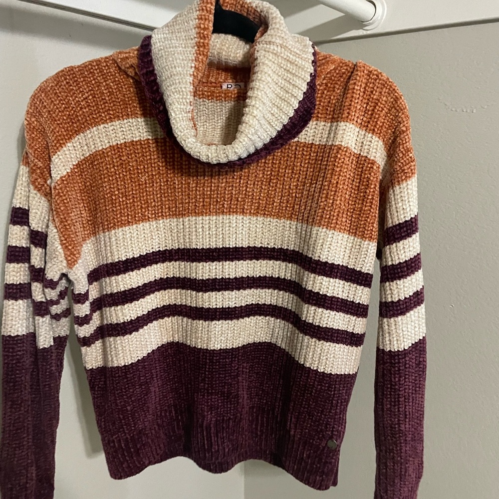 Roxy Cozy Cowl Neck Sweater in Orange, Cream, and Purple